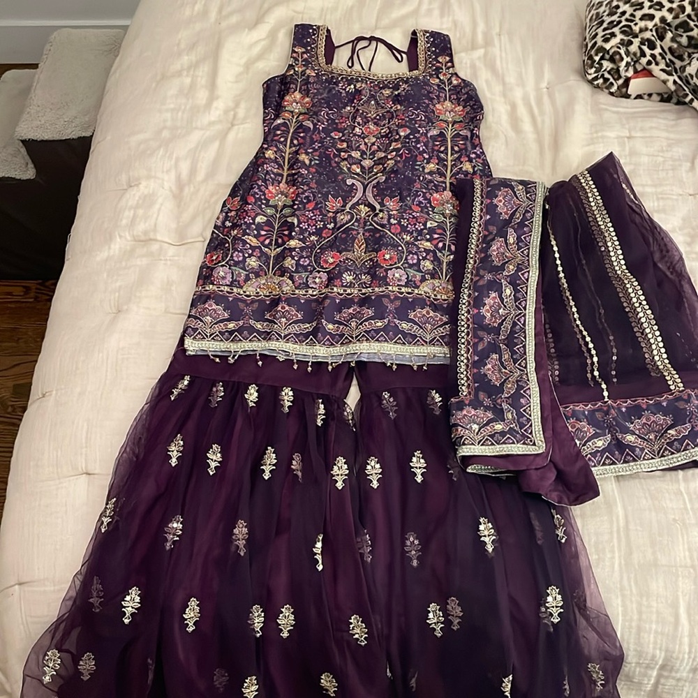 Purple Multicolor Embroidered Gharara Suit - M